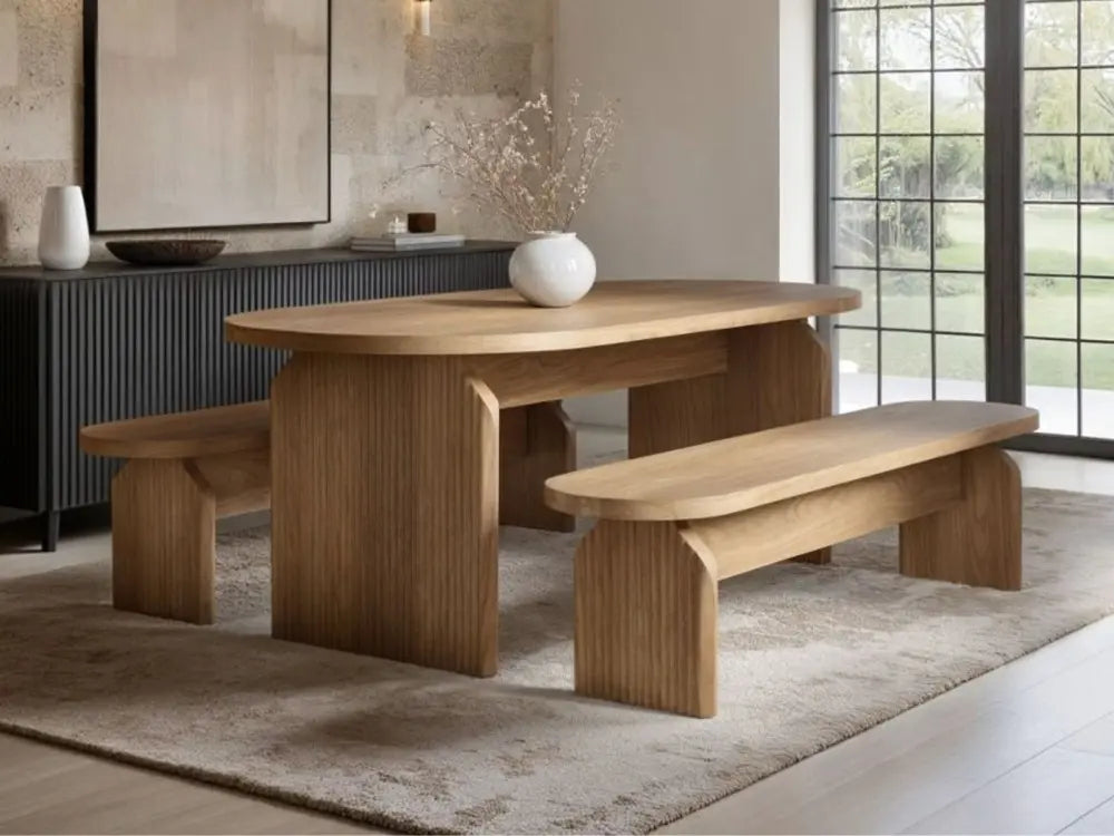 SOLACE+CO Varm Ribbed Oval Dining Table & 2 Bench Set Oak — image 2