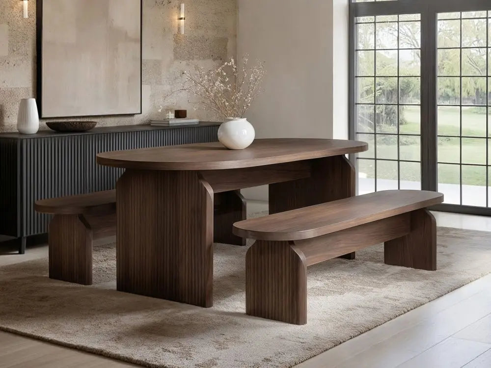 SOLACE+CO Varm Ribbed Oval Dining Table & 2 Bench Set Oak — image 3