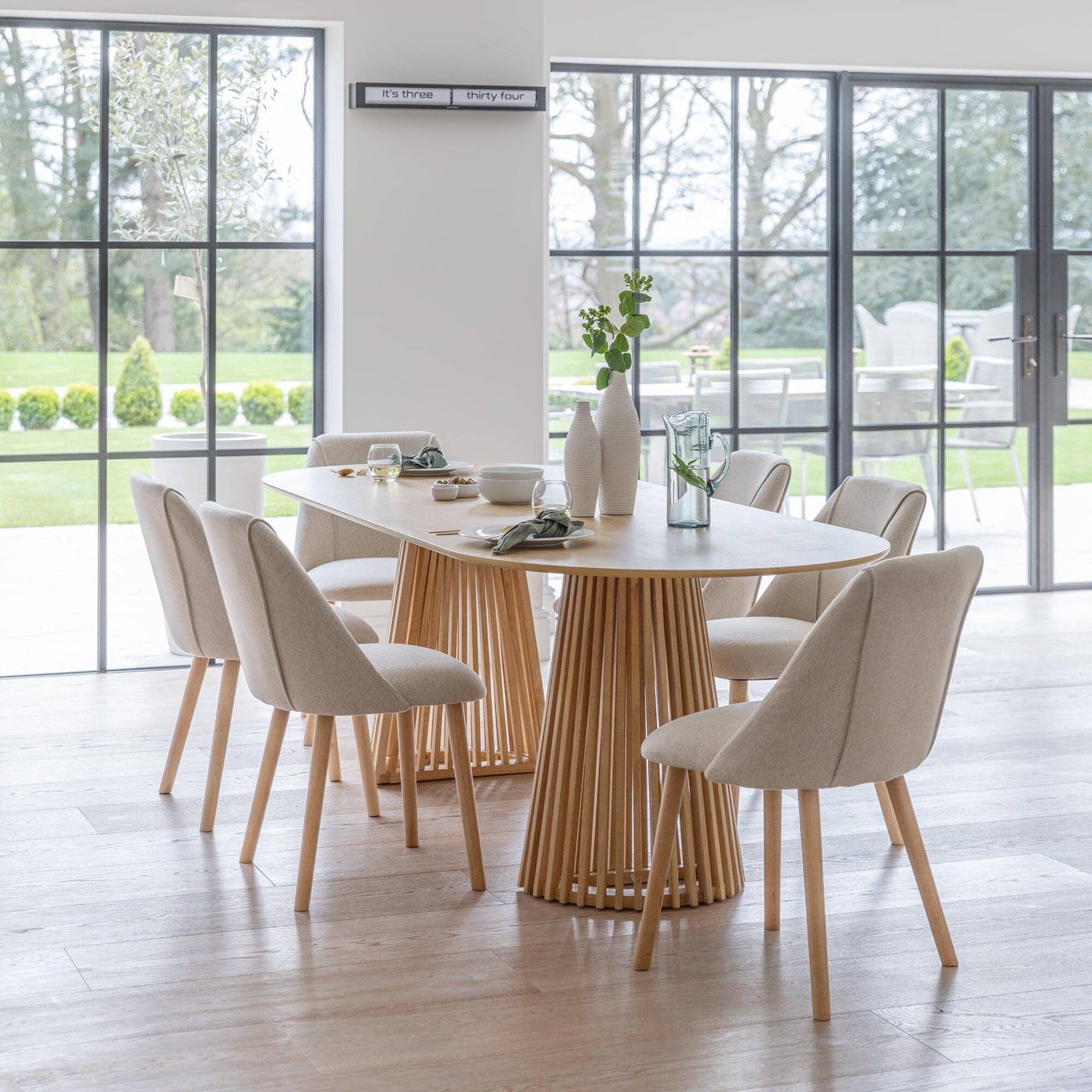 Willow Pale Oak Dining Table Set - 6 Seater - Freya Sand Dining Chairs - Whitewash Legs